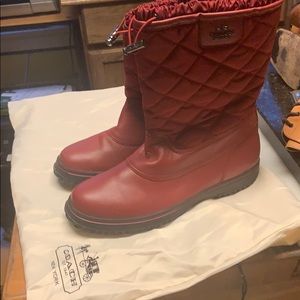 NWOT Coach Logo Red Short Leather Adj. Snow Boots